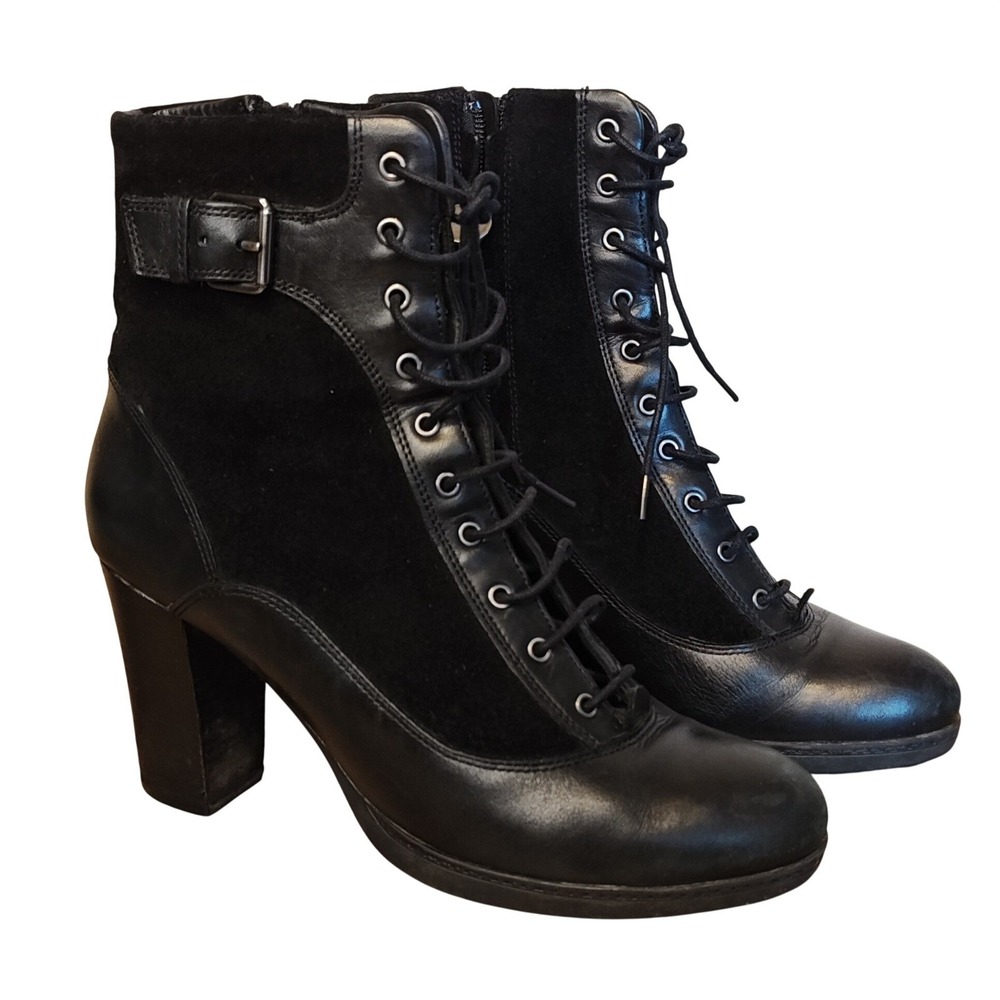 Geox New Vanity Boots Womens 10 Black Leather Suede Lace Up Block Heel Ankle D34